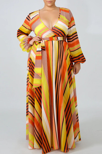 Robe imprimée jaune élégante à bandes, patchwork, col en V, robes imprimées