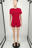 Tangerine Red Fashion Casual Solid Basic O Neck Short Sleeve Two Pieces