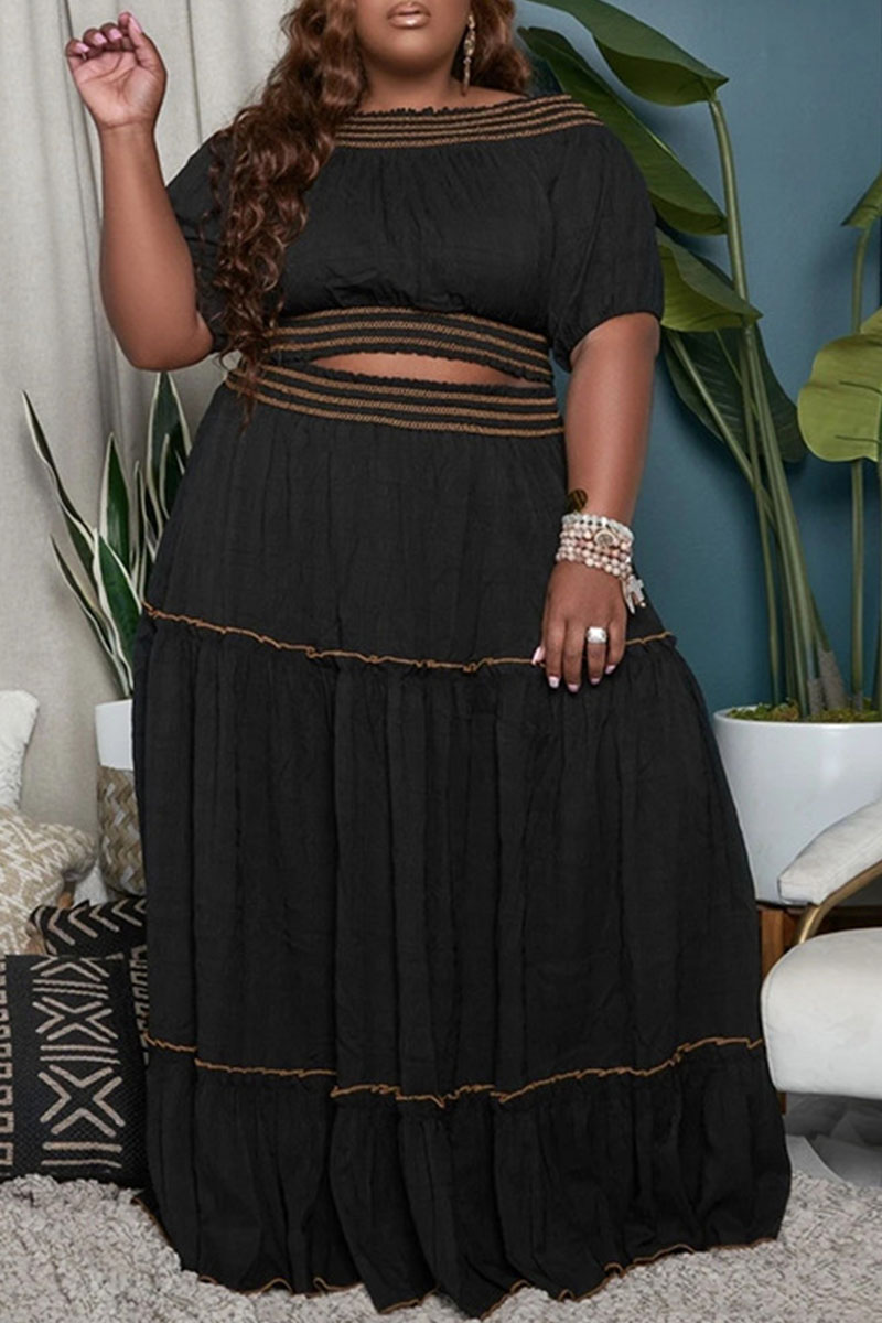 

Black Casual Solid Split Joint Off the Shoulder Straight Plus Size Two Pieces