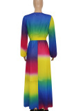Robes imprimées multicolores élégantes à bandes, patchwork, col en V