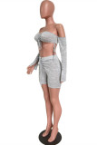 Grey Sexy Casual Solid Bandage Backless Strapless Long Sleeve Two Pieces
