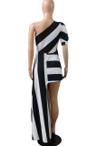 Black Street Striped Print Patchwork Asymmetrical Oblique Collar Irregular Dress Dresses