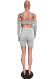 Grey Sexy Casual Solid Bandage Backless Strapless Long Sleeve Two Pieces