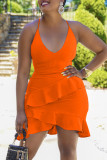 Vestido laranja fashion sexy sem costas com babados e alça de espaguete sem mangas