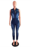 Cowboyblå Mode Casual Solid Ripped Buttons Turndown-krage Vanliga Jumpsuits