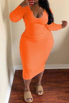 Оранжевые модные повседневные однотонные базовые платья с U-образным вырезом и длинными рукавами