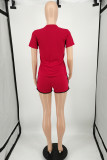 Red Fashion Casual Solid Basic O Neck Short Sleeve Two Pieces