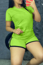 Fluorescent Green Fashion Casual Solid Basic O Neck Short Sleeve Two Pieces