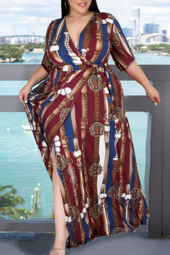 Burgunderfarbenes, elegantes Print-Bandage-Patchwork-Schlitzkleid mit V-Ausschnitt und bedrucktem Kleid in Übergröße