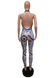 Farbe Sexy Casual Print Backless Neckholder Skinny Jumpsuits