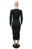 Black Fashion Casual Solid Basic U Neck Long Sleeve Dresses