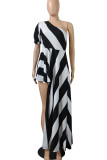 Black Street Striped Print Patchwork Asymmetrical Oblique Collar Irregular Dress Dresses