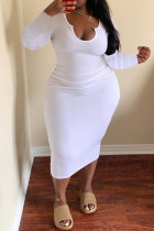 ホワイト ファッション カジュアル プラス サイズ ソリッド ベーシック U ネック ロング スリーブ ドレス