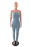 Baby Blue Fashion Sexy Solid Backless Cross Straps Spaghetti Strap Skinny Jumpsuits