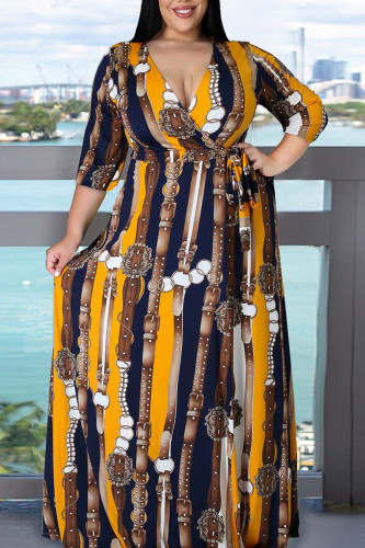 Gelbes, elegantes Print-Bandage-Patchwork-Schlitzkleid mit V-Ausschnitt und bedrucktem Kleid in Übergröße