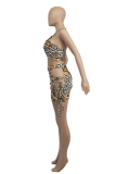 Leopard Print Sexy Leopard Patchwork Halter Sleeveless Two Pieces