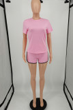 Light Pink Fashion Casual Solid Basic O Neck Short Sleeve Two Pieces