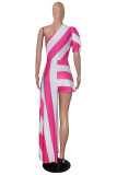 Pink Street Striped Print Patchwork Asymmetrical Oblique Collar Irregular Dress Dresses