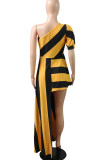 Amarelo Street Striped Print Patchwork Assimétrico Gola Oblíqua Vestidos Irregulares
