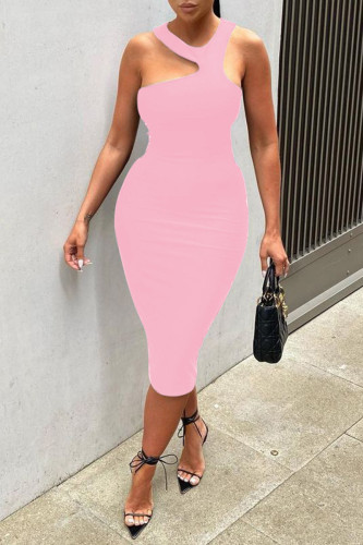 Pink Sexy Casual Solid Hollowed Out O Neck Sleeveless Dresses
