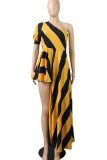Amarelo Street Striped Print Patchwork Assimétrico Gola Oblíqua Vestidos Irregulares