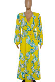 Gelbe elegante bedruckte Bandage-Patchwork-Kleider mit V-Ausschnitt und bedrucktem Kleid