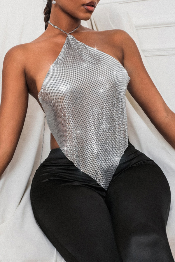 Silver Sexiga Solid Backless Halter Tops
