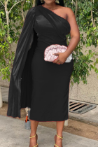 Black Sexy Solid Patchwork One Shoulder Pencil Skirt Dresses