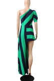 Grön gata randigt tryck patchwork asymmetrisk sned krage oregelbunden klänning klänningar