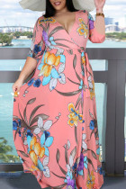 Rosa elegante estampado vendaje patchwork hendidura cuello en V vestido estampado vestidos de talla grande