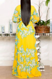 黄色のエレガントなプリント包帯パッチワーク V ネック プリント ドレス ドレス