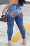 Ljusblått Mode Casual Solid Bandage urholkat Plus Size Jeans