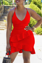Красное модное сексуальное однотонное платье без рукавов с открытой спиной и воланами на тонких бретелях