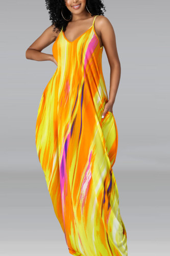 Yellow Casual Print Patchwork Spaghetti Strap Sling Dress Plus Size Dresses