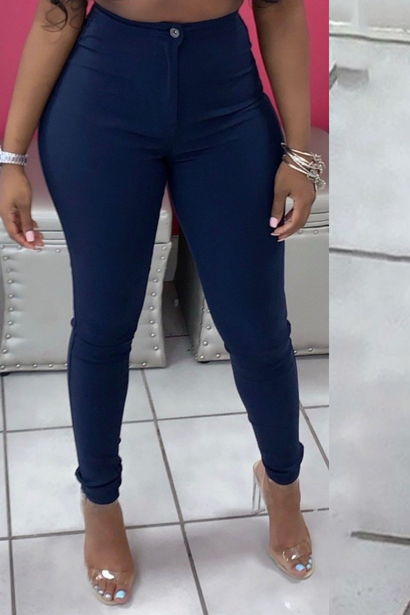 

Navy Sexy Solid Patchwork Skinny Mid Waist Pencil Solid Color Bottoms