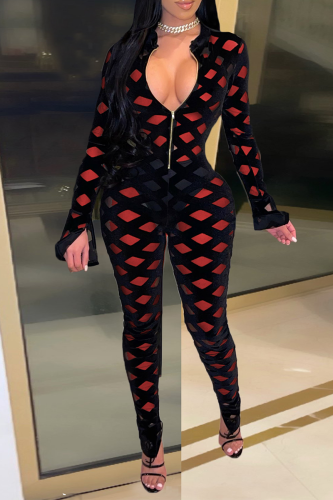 Red Sexy Solid Mesh Zipper Collar Skinny Jumpsuits