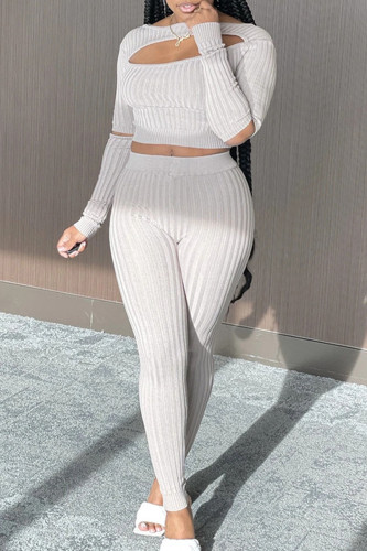 Grey Sexy Solid Hollowed Out Patchwork O Neck Long Sleeve Two Pieces