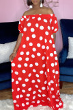 Rode mode casual dot print backless off-shoulder jurk met korte mouwen