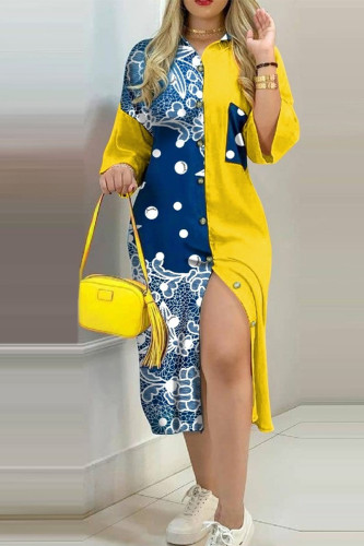 Yellow Casual Print Split Joint Pocket Buttons Turndown Collar Straight Dresses