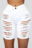 Black Street Solid Ripped Hollowed Out Patchwork High Waist Straight Denim Shorts