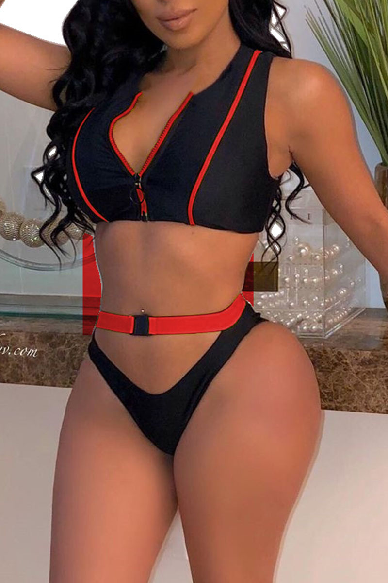 

Red Sexy Solid Hollowed Out Split Joint Zipper Swimwears