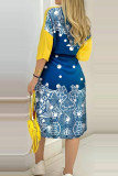 Gele casual print patchwork zakknopen turndown kraag rechte jurken