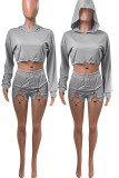 Grey Casual Solid Hollowed Out Patchwork Frenulum Hooded Collar Long Sleeve Two Pieces
