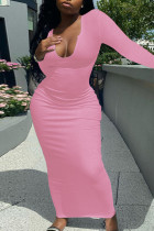 ピンク カジュアル ソリッド パッチワーク 非対称襟 ストレート ドレス
