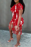 Красный модный повседневный принт с кисточками и круглым вырезом с коротким рукавом из двух частей