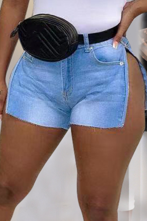 Baby Blue Sexy Solid High Opening Mid Waist Skinny Denim Shorts