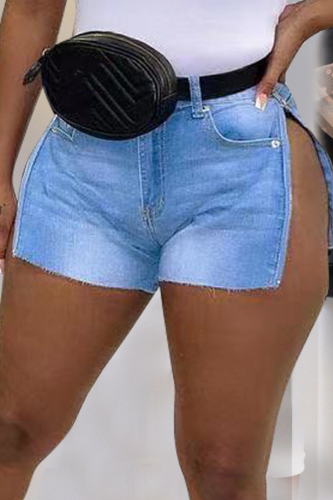 Babyblå Sexiga solida skinny jeansshorts med hög öppning med mitten av midjan