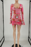 Red Sweet Print Patchwork Draw String Fold V Neck Long Sleeve Two Pieces