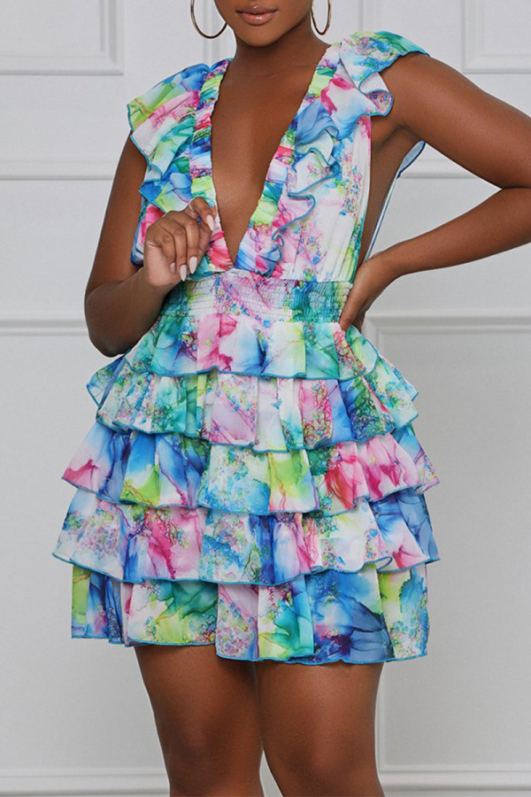 Multicolor Sweet Print Patchwork Flounce V Neck A Line Dresses
