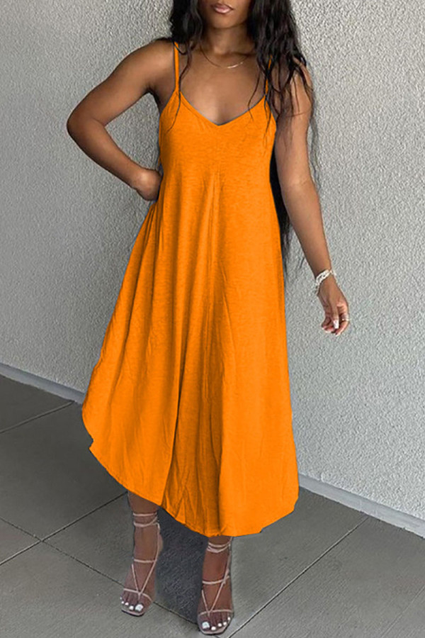 Оранжевые повседневные однотонные асимметричные платья на тонких бретельках без спинки